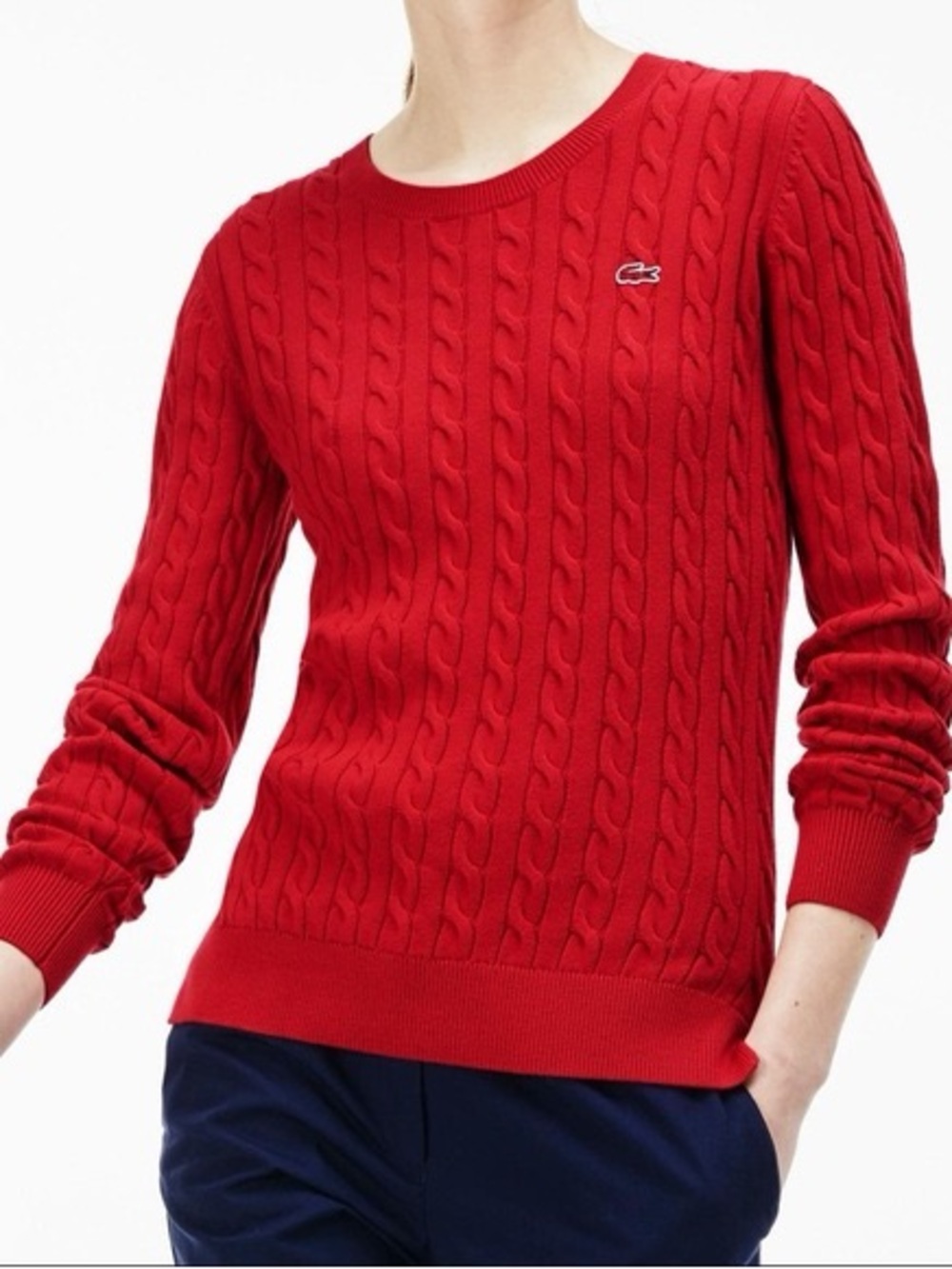Lacoste Red Cable-Knit Crewneck Sweater